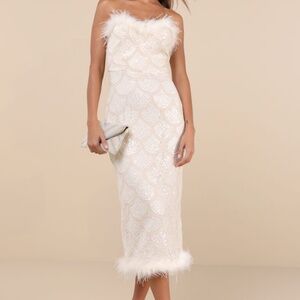 COPY - Uniquely Confident Cream Lace Feather Strapless Midi Dress